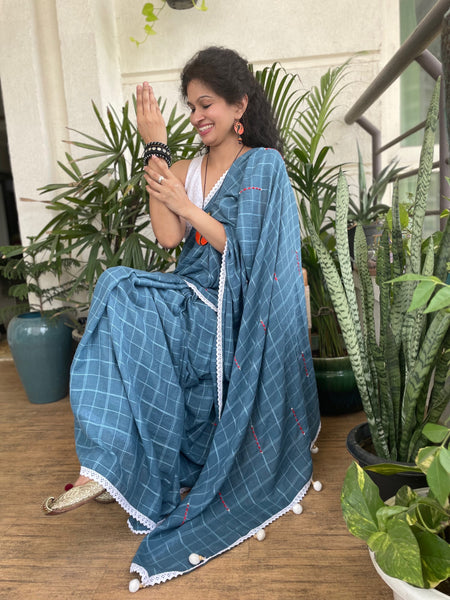 Teal grey Soft cotton saree