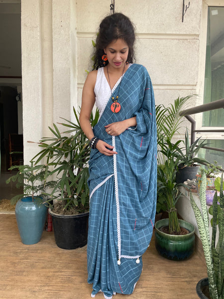 Teal grey Soft cotton saree