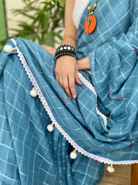 Teal grey Soft cotton saree