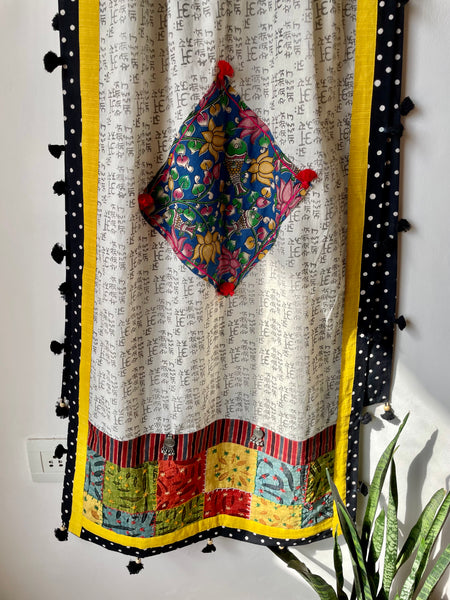 Fish Patchwork dupatta / stole - white and grey base