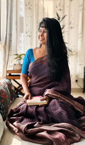 Ajrakh Block Printed Handwoven Linen Naturally Dyed Saree