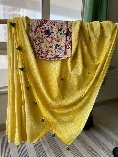 Embroidered Pallu, Mul cotton hand block printed saree