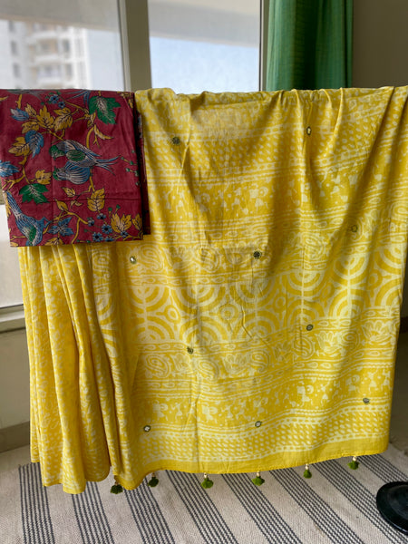Embroidered Pallu, Mul cotton hand block printed saree