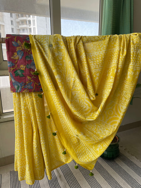 Embroidered Pallu, Mul cotton hand block printed saree