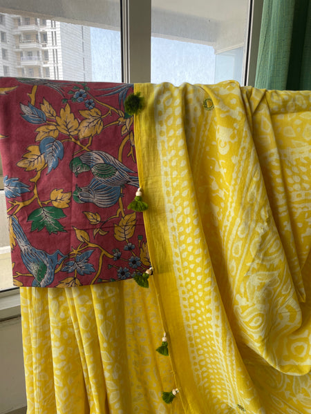 Embroidered Pallu, Mul cotton hand block printed saree