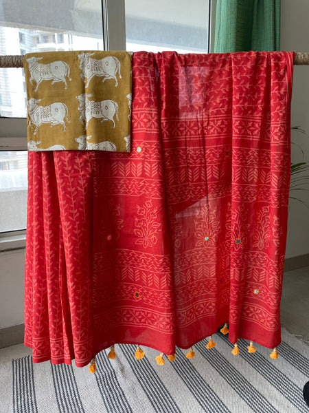 Embroidered Pallu, Mul cotton hand block printed saree