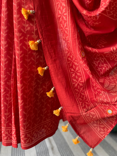 Embroidered Pallu, Mul cotton hand block printed saree