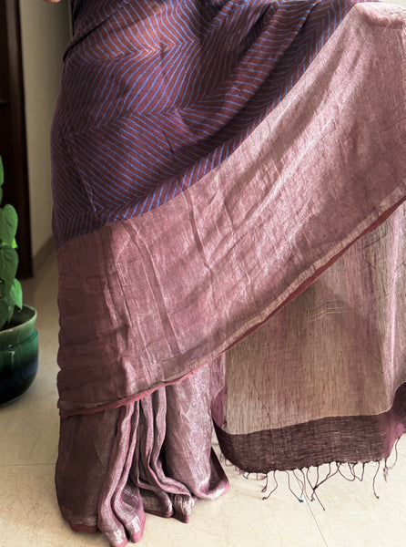 Ajrakh Block Printed Handwoven Linen Naturally Dyed Saree