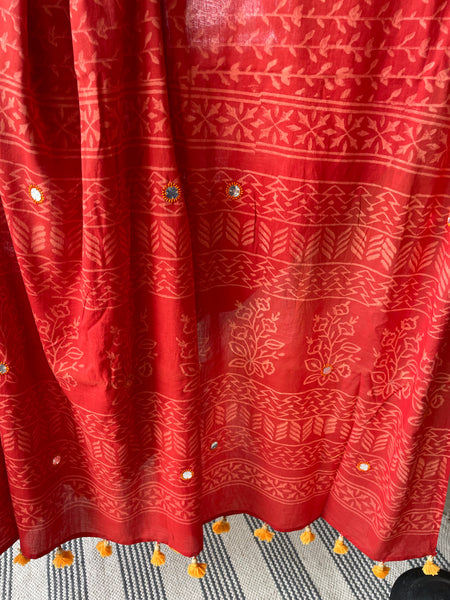 Embroidered Pallu, Mul cotton hand block printed saree