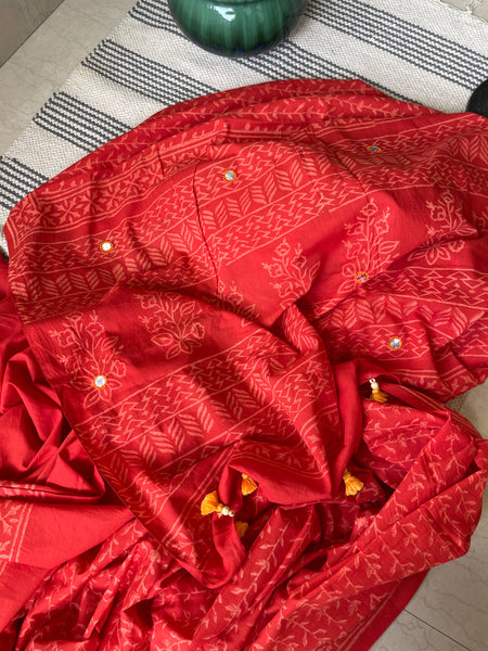 Embroidered Pallu, Mul cotton hand block printed saree
