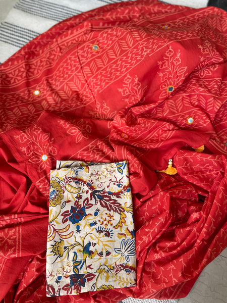 Embroidered Pallu, Mul cotton hand block printed saree