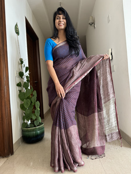 Ajrakh Block Printed Handwoven Linen Naturally Dyed Saree
