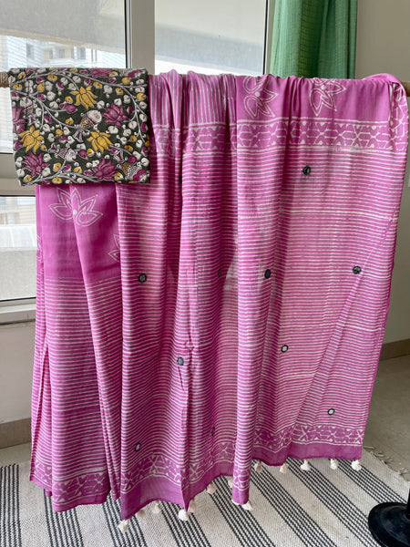 Embroidered Pallu, Mul cotton hand block printed saree