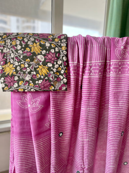 Embroidered Pallu, Mul cotton hand block printed saree