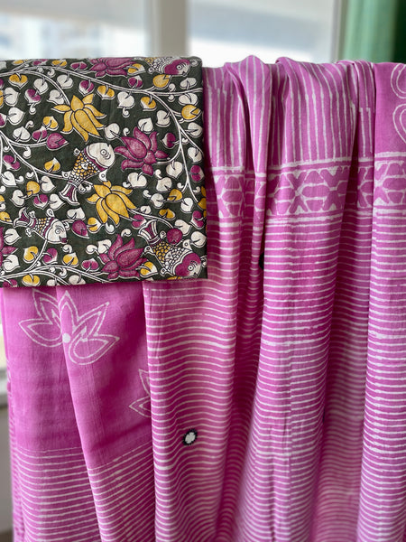 Embroidered Pallu, Mul cotton hand block printed saree