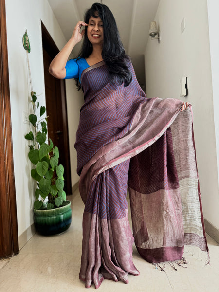 Ajrakh Block Printed Handwoven Linen Naturally Dyed Saree