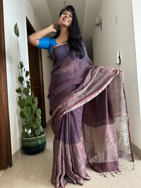 Ajrakh Block Printed Handwoven Linen Naturally Dyed Saree
