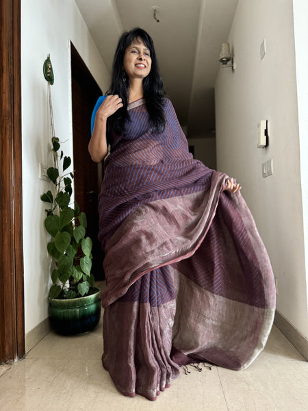 Ajrakh Block Printed Handwoven Linen Naturally Dyed Saree