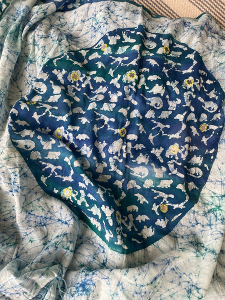 Embroidered Pallu, Mul cotton hand block printed saree