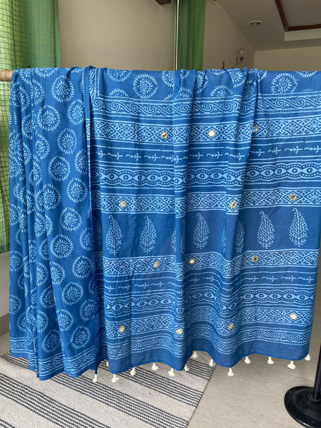 Embroidered Pallu, Mul cotton hand block printed saree