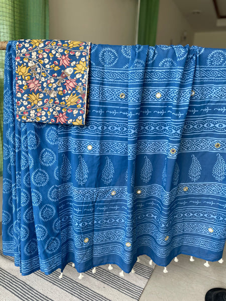 Embroidered Pallu, Mul cotton hand block printed saree