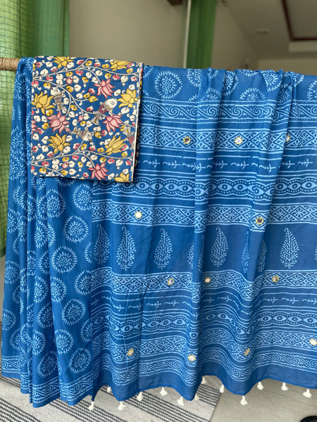 Embroidered Pallu, Mul cotton hand block printed saree