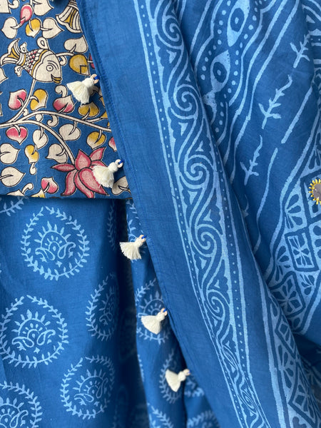 Embroidered Pallu, Mul cotton hand block printed saree