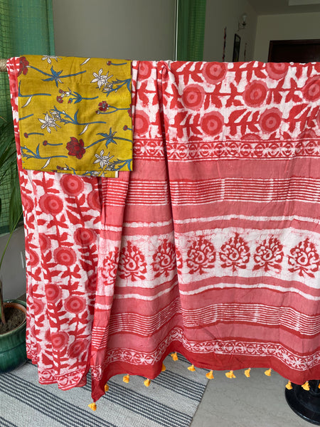 Mul cotton hand block printed saree