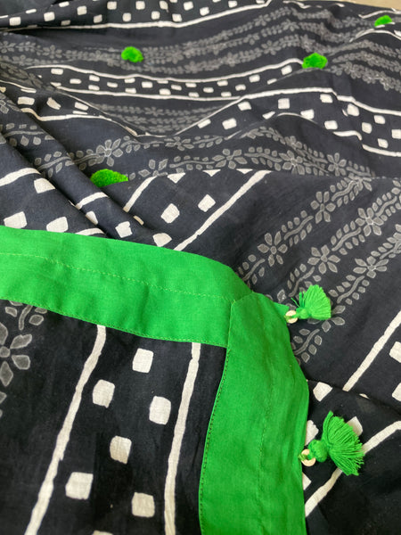 Dabu Mul cotton hand block printed saree with Green fabric facing and embroidery