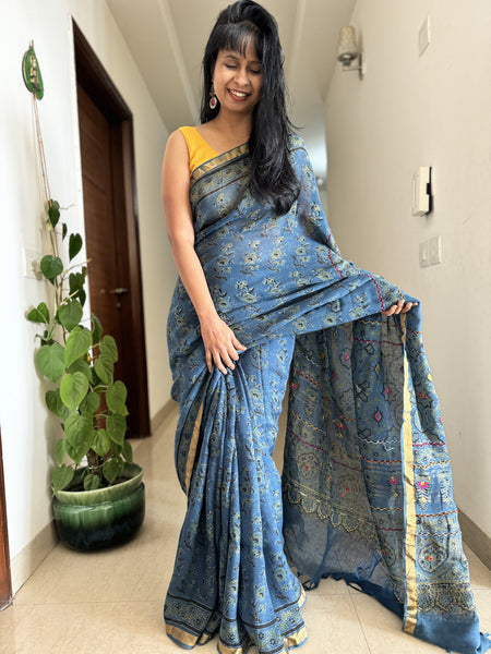 Ajrakh Block Printed Handwoven Linen Saree with Embroidery