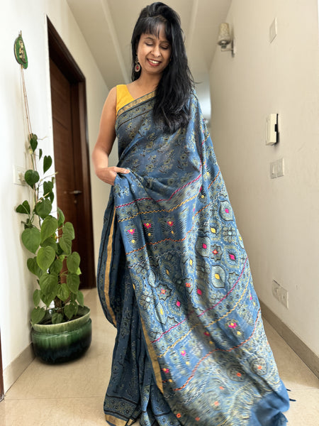 Ajrakh Block Printed Handwoven Linen Saree with Embroidery