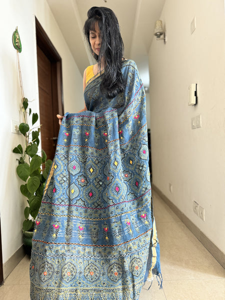 Ajrakh Block Printed Handwoven Linen Saree with Embroidery