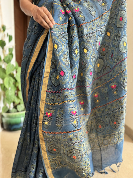 Ajrakh Block Printed Handwoven Linen Saree with Embroidery