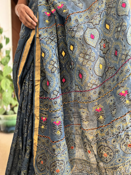 Ajrakh Block Printed Handwoven Linen Saree with Embroidery