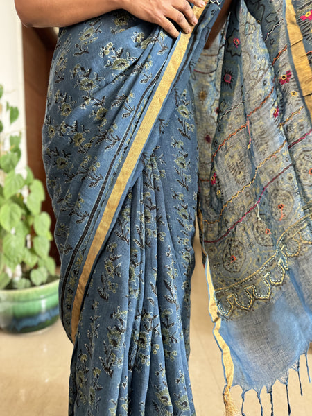 Ajrakh Block Printed Handwoven Linen Saree with Embroidery