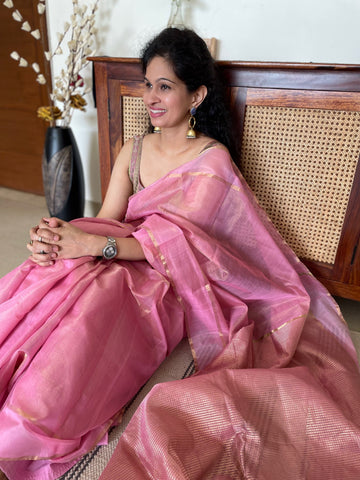 Pink -Tissue Chanderi Handwoven Saree - Heavy Zari Checks Pallu