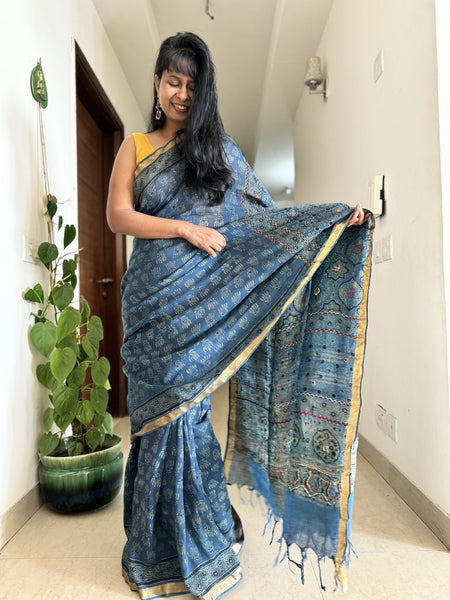 Ajrakh Block Printed Handwoven Linen Saree with Embroidery