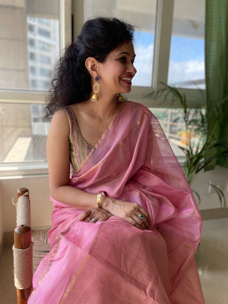 Pink -Tissue Chanderi Handwoven Saree - Heavy Zari Checks Pallu