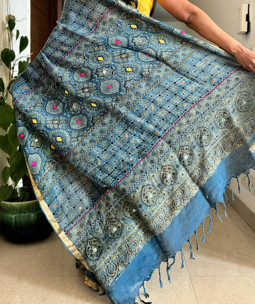 Ajrakh Block Printed Handwoven Linen Saree with Embroidery