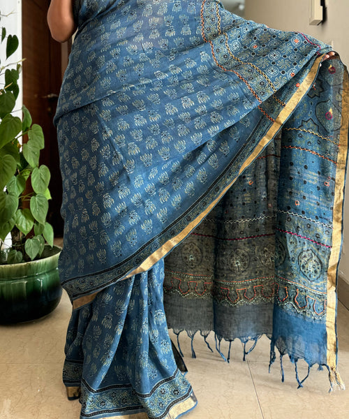 Ajrakh Block Printed Handwoven Linen Saree with Embroidery