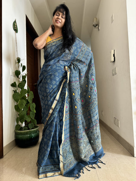 Ajrakh Block Printed Handwoven Linen Saree with Embroidery