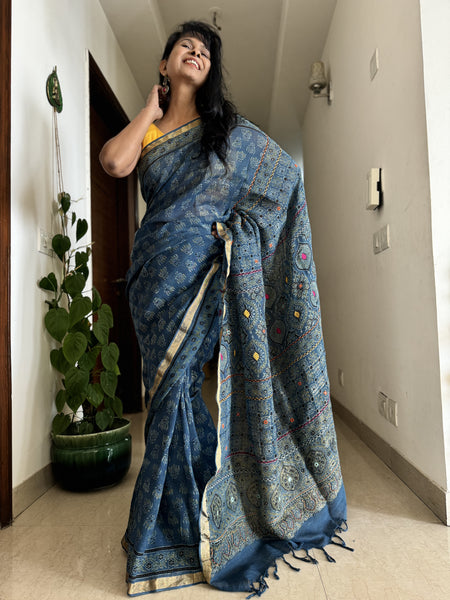 Ajrakh Block Printed Handwoven Linen Saree with Embroidery