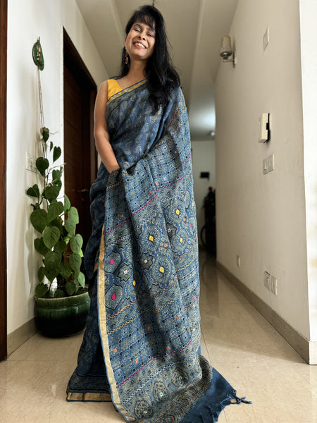 Ajrakh Block Printed Handwoven Linen Saree with Embroidery