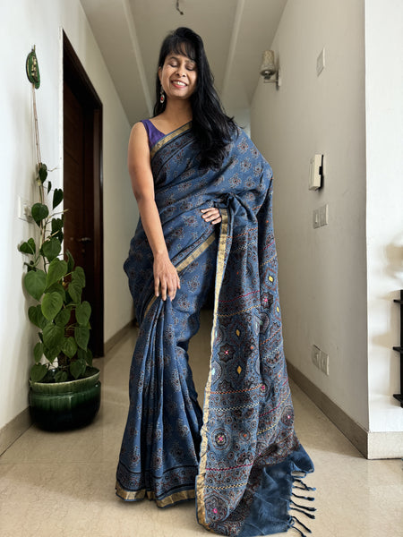 Ajrakh Block Printed Handwoven Linen Saree with Embroidery