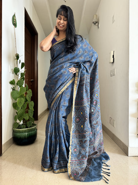 Ajrakh Block Printed Handwoven Linen Saree with Embroidery