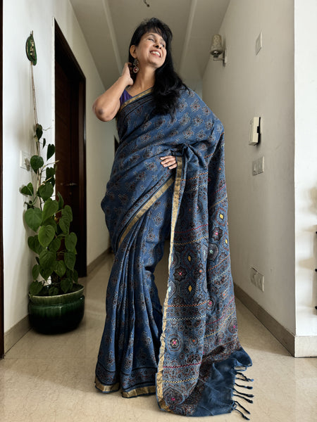 Ajrakh Block Printed Handwoven Linen Saree with Embroidery