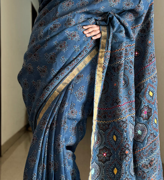 Ajrakh Block Printed Handwoven Linen Saree with Embroidery
