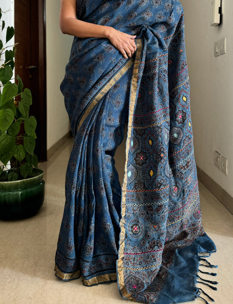 Ajrakh Block Printed Handwoven Linen Saree with Embroidery