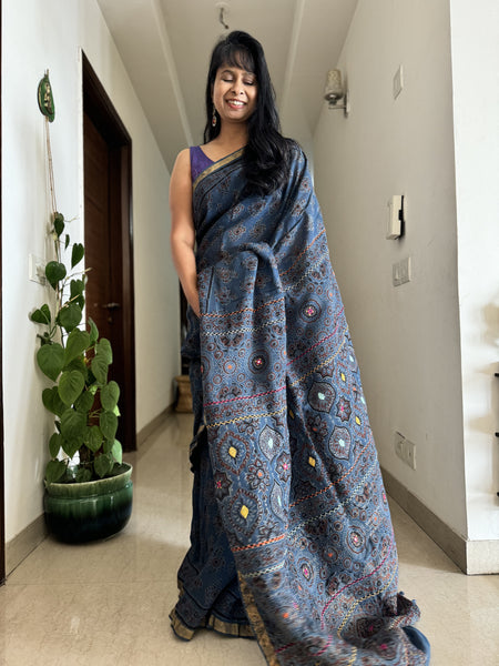 Ajrakh Block Printed Handwoven Linen Saree with Embroidery