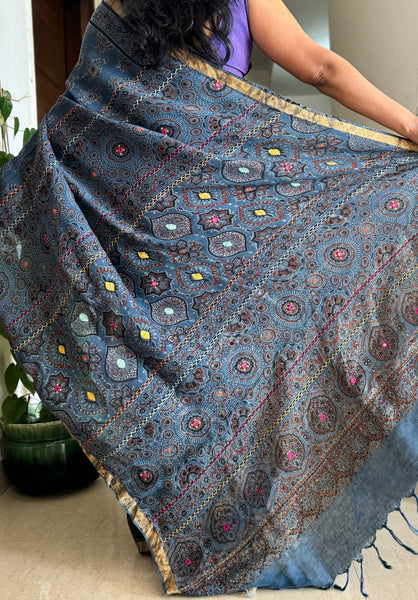 Ajrakh Block Printed Handwoven Linen Saree with Embroidery